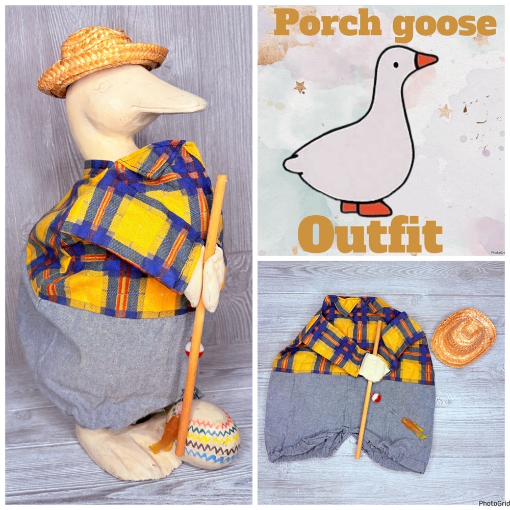 vintage hand made porch goose outfit / clothes costume fisherman with pole / hat